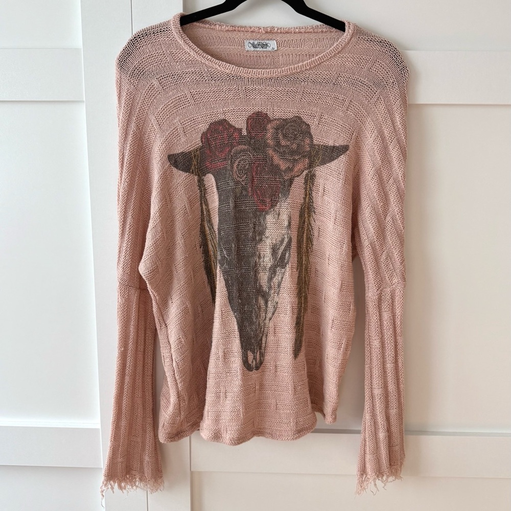 Lauren Moshi Blush Knit Sweater with Skull & Roses Graphic. Cute Fray on Sleeves